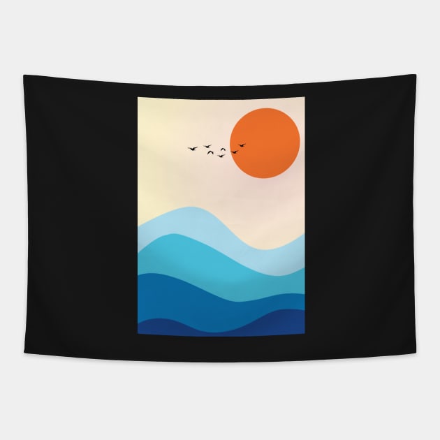 Minimalist Modern Ocean Wave and Sunset Graphic Art Tapestry by CityNoir