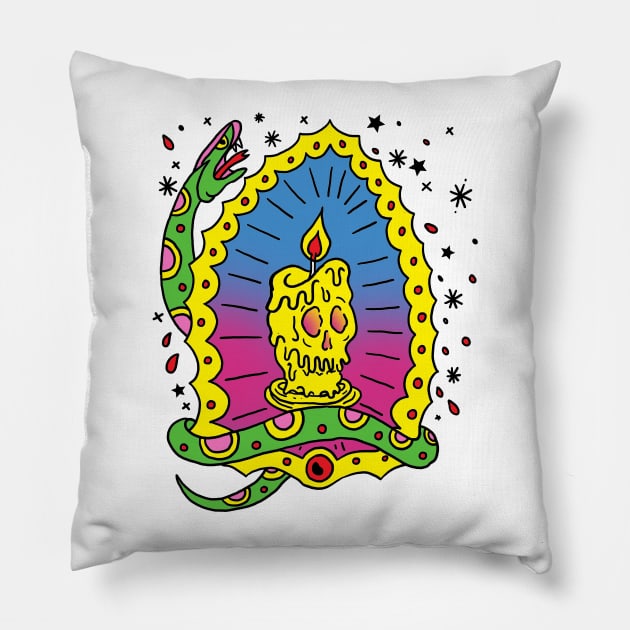 snake and skull candle tattoo Pillow by miskel