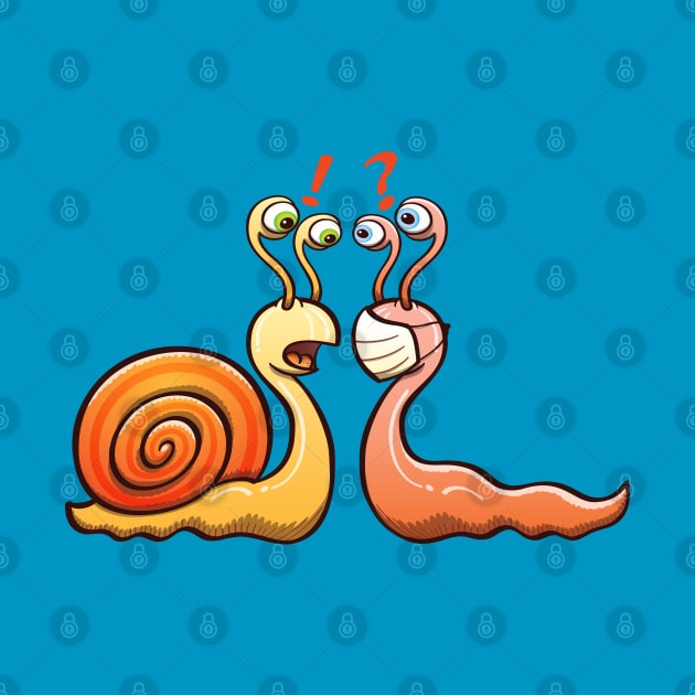 A snail carrying its shell and a slug wearing a face mask have an encounter by zooco