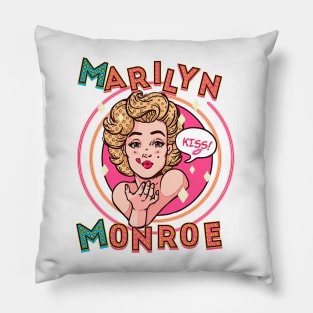 Marilyn Monroe kisses. Drawing of Marilyn blowing kisses. Letters with Hollywood style lights. Pillow