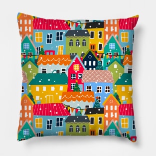 Bold city houses illustration, snowing in the town Pillow