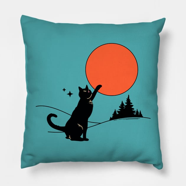 Cool Sun Black Cat in blue Pillow by The Charcoal Cat Co.