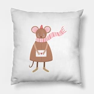 Mouse in a hat with a love letter winter cozy illustration Pillow