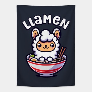 Cute Llama in a Ramen Bowl Kawaii Japanese Food Tapestry