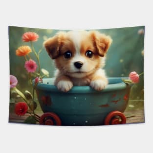 Charming Dog in a Small Wheelbarrow Tapestry