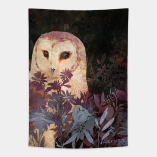 Barn Owl in Flower Field Night Tapestry