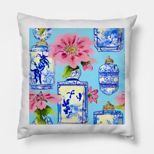 Chinoiserie jars on sky blue Pillow