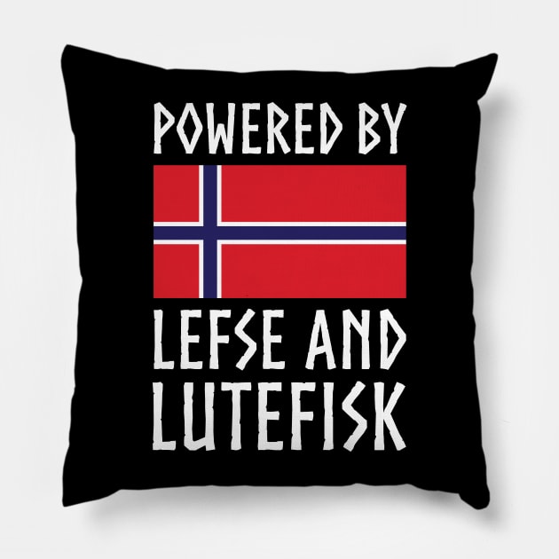 Powered By Lefse and Lutefisk Norway Flag Pillow by Huhnerdieb Apparel