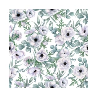 Watercolor Anemone and Eucalyptus Pattern T-Shirt