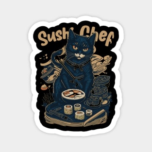 Retro Japanese-Inspired Feline Culinary Cat as Sushi Chef Magnet