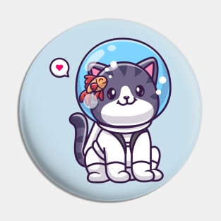 Cute Cat Astronaut Sitting With Fish Cartoon Pin