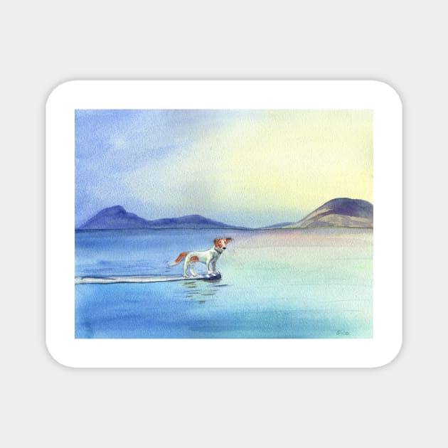 Dog on Surfboard Watercolor Painting Magnet by Sandraartist