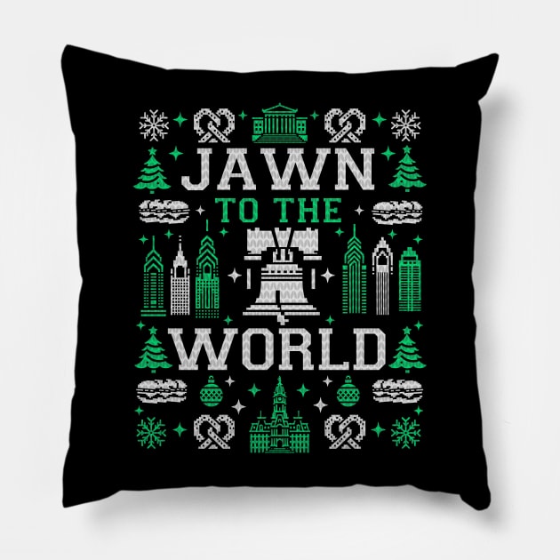 Philly Fan Philadelphia Ugly Christmas Jawn to the World Pillow by TeeCreations