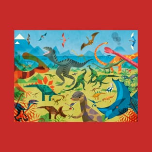 Lots of different dinosaurs in colorful scene T-Shirt