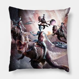 Alien Riding T-Rex Dinosaur In Space Pillow