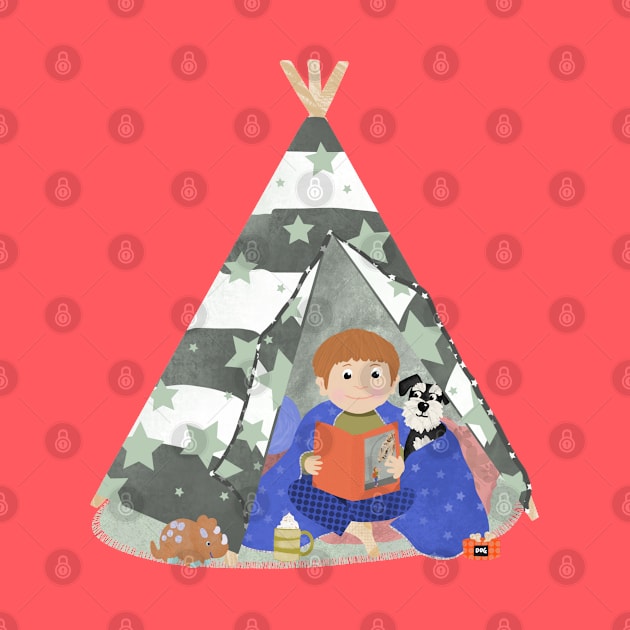 Little boy in a teepee den with story book and puppy by NattyDesigns