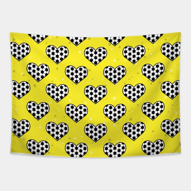 Football / Soccer Ball Texture In Heart Shape - Seamless Pattern on Yellow Background Tapestry by DesignWood-Sport