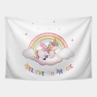 Believe In Magic Cute Unicorn With Stars Tapestry
