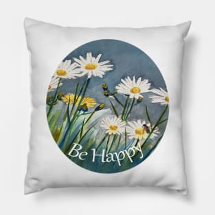 Be Happy message with a background of daisies and a bee Pillow