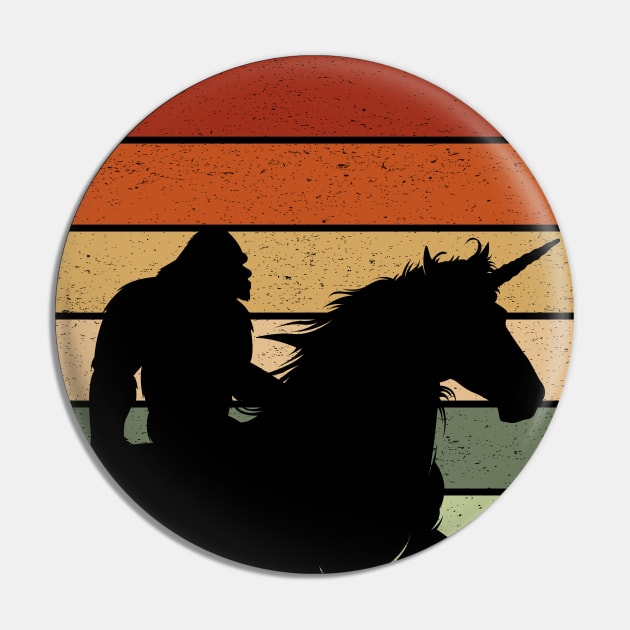 Bigfoot Riding A Unicorn Retro Vintage Sunset Pin by Tesszero