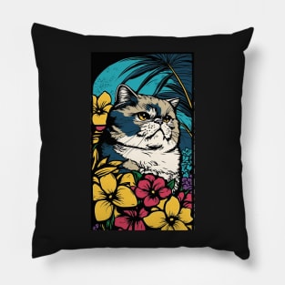 Exotic Shorthair Cat Vibrant Tropical Flower Tall Retro Vintage Digital Pop Art Portrait Pillow