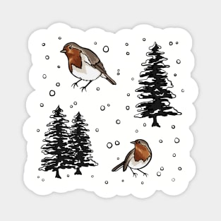 Robin and Snow Covered Trees Pattern Digital Illustration Magnet