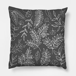 Botanical Visions - Line Drawn Leaves Pattern Grey Pillow