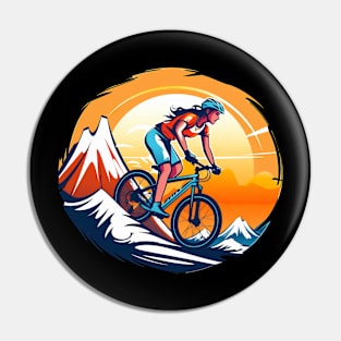 woman riding a bicycle going down a hill Pin