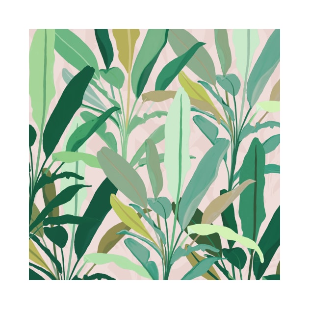 Tropical Green Banana Leaves Pink Pattern by NdesignTrend