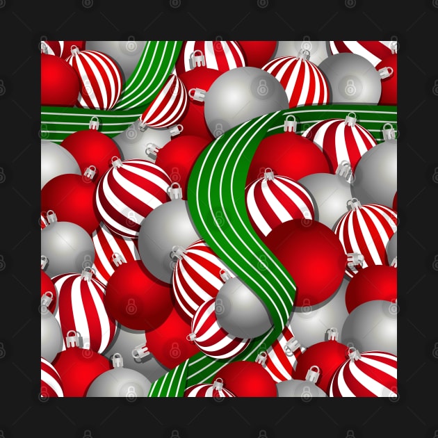 Christmas red and striped balls and green ribbon pattern by Elemesca