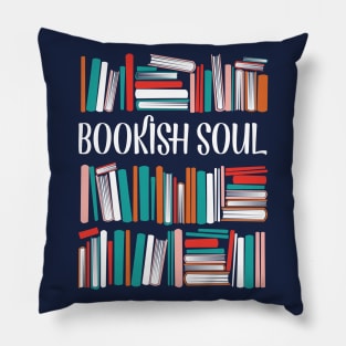 Bookish soul // oxford navy blue bookshelf background orange neon red white and flesh coral books Pillow