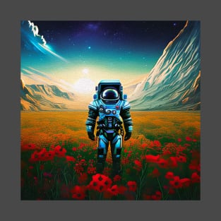 Astronaut Standing in Flower Field with Sun Rising T-Shirt