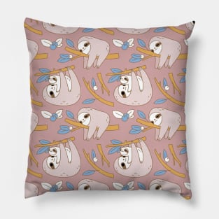 Mom and Baby Sloth Pattern in Pink Pillow