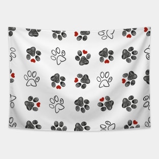 Doodle paw prints red hearts Tapestry