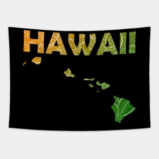 Colorful mandala art map of Hawaii with text in green and orange Tapestry