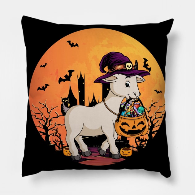 Halloween Goat With Witch Hat Pumpkin Candy Bucket Pillow by Antoniusvermeu