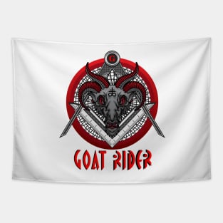 GOAT RIDER Black Baphomet Goat Head over Compass and Square in a Red Circle with a Red G Tapestry