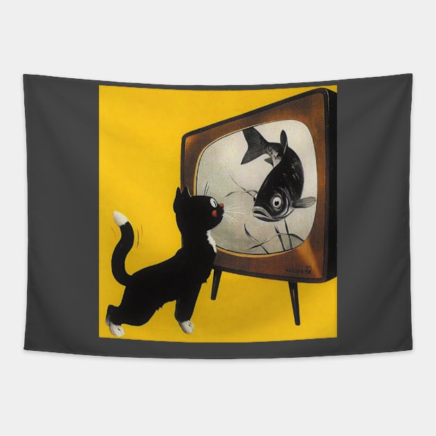 Cat watching TV Tapestry by Tom Tom + Co