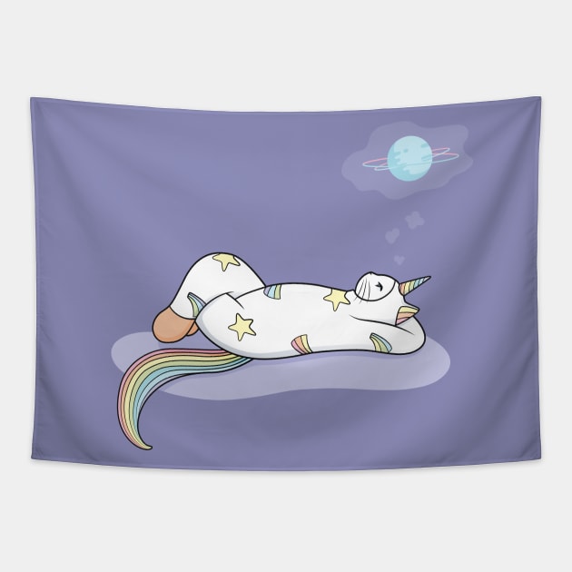 Weird Unicorn Cat dreaming of a vacation Tapestry by runcatrun