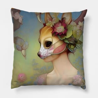 Pretty stunning Art Deco style painting of flowers roses and a girl wearing a fox mask Pillow