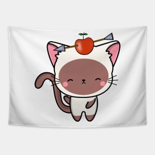 Funny White cat is playing william tell with an apple and arrow Tapestry