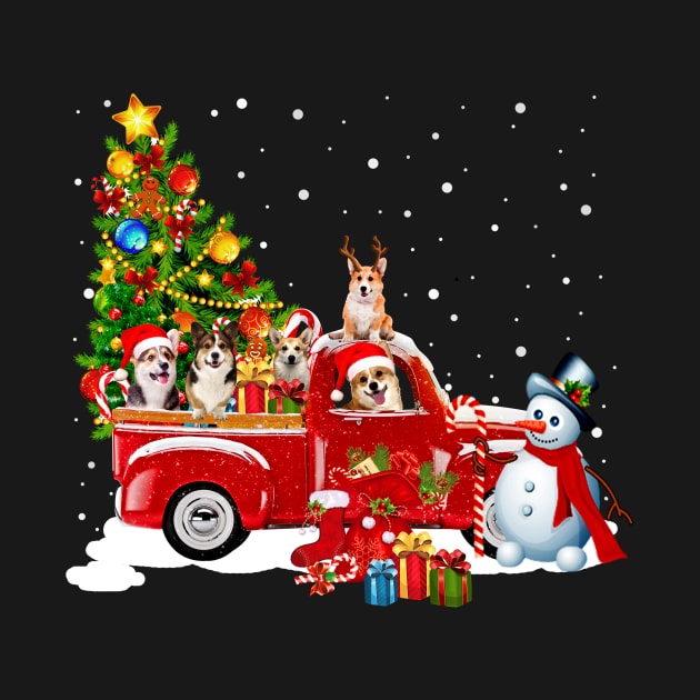 Red Truck Merry Christmas Tree Corgi Dog Christmas T-Shirt by kimmygoderteart