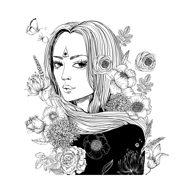 Floral Girl Line Art. Flowers Art, Black and White Girl Art by EquilibriumArt