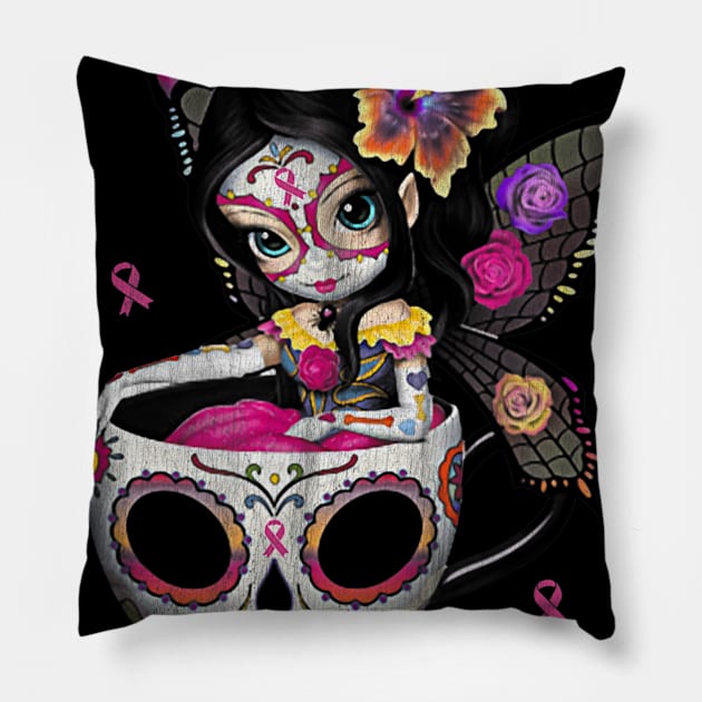 Cute Breast Cancer Girl Sugar Skull Costume Halloween Pillow by Fowlerbg