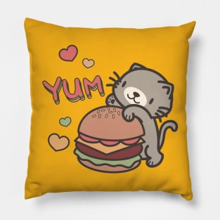 Cute Hungry Cat with Cheeseburger Pillow