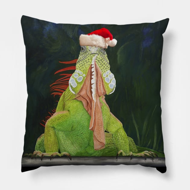 Green Iguana in Santa Hat Pillow by KarenZukArt