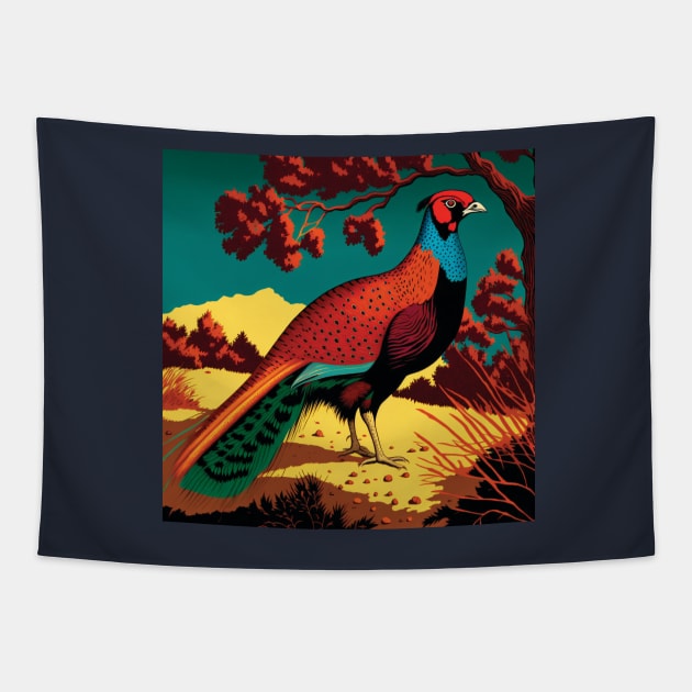 Elegant Pheasant  in red, orange, green and blue Tapestry by Geminiartstudio