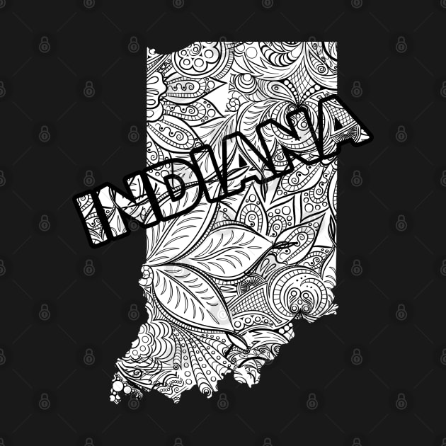 Mandala art map of Indiana with text in white by Happy Citizen