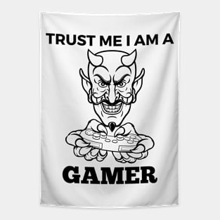 Trust Me I Am A Gamer - Black And White Devil With Gamepad Tapestry