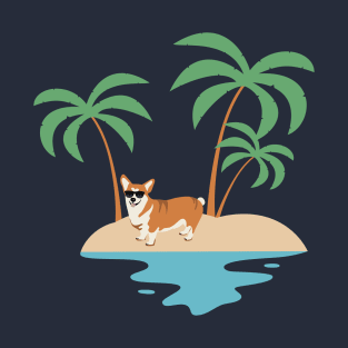 Welsh Corgi Pembroke Dog Wearing Sunglasses on Beach with Palm during Summer T-Shirt